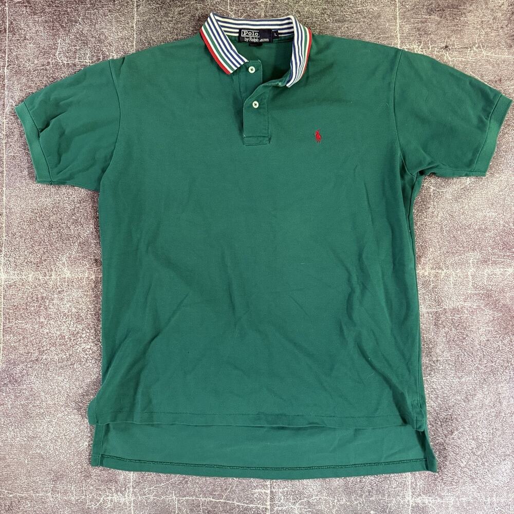 Men's Vintage 90's Polo Ralph Lauren Forest Green White Short Sleeve Shirt Sz L
